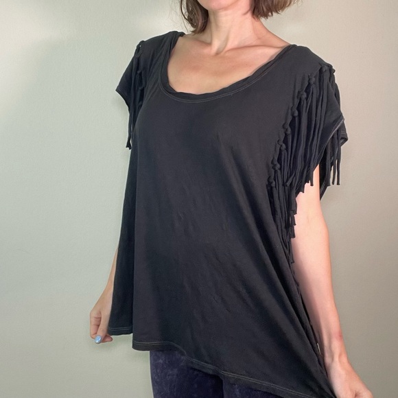 Free People Off Black Fringe Slouchy Soft Stretchy Tee Tunic - Picture 15 of 16